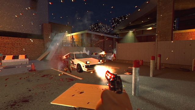 Burning car and a raised handgun on a night street