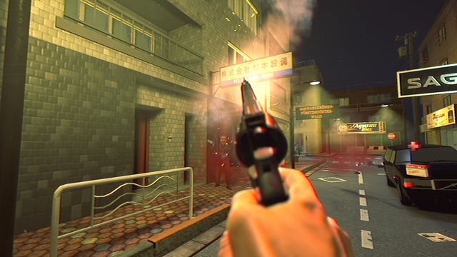 Night street lit in amber with a raised handgun