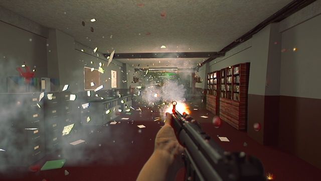 Muzzle flash lighting a smoke-filled room