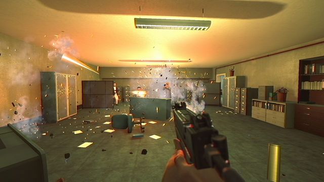 Shotgun fired inside a smoke-filled office interior