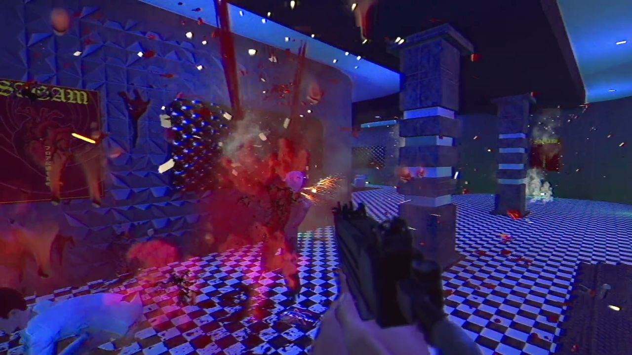 Official screenshot: shotgun fired inside a trashed office corridor
