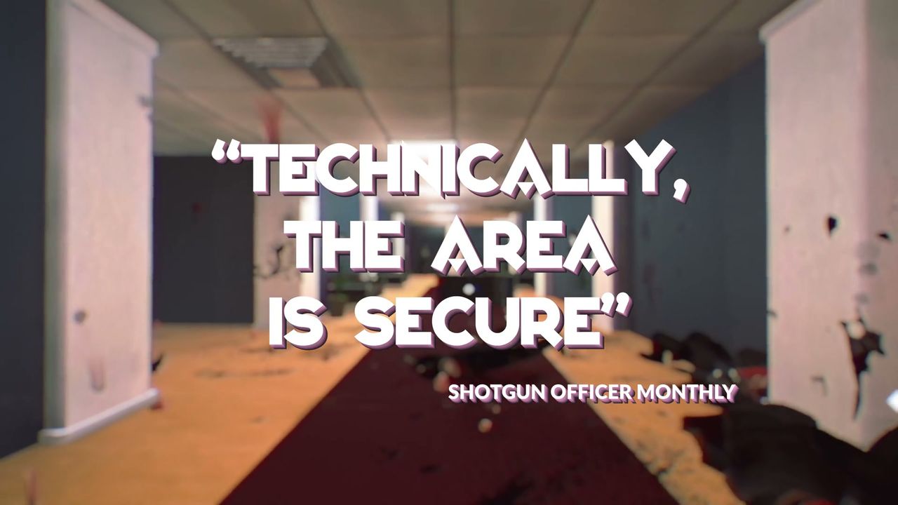 Official screenshot: amber-lit interior with debris