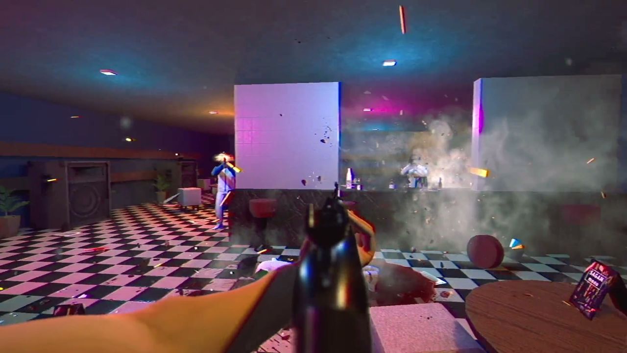 Official screenshot: close-range firefight in a lit interior